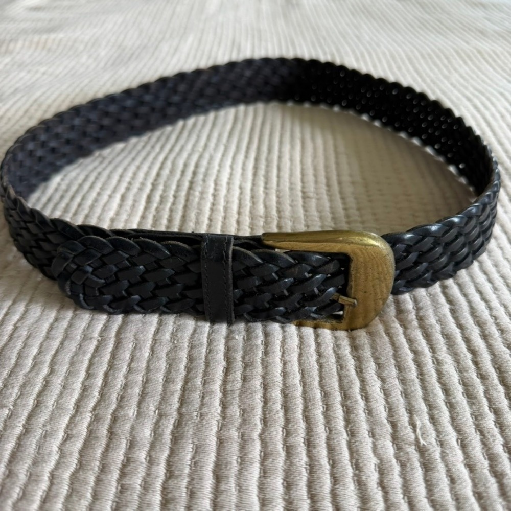 Braided Woven Leather Belt Womens M Black Genuine Leather Brass Buckle Vintage